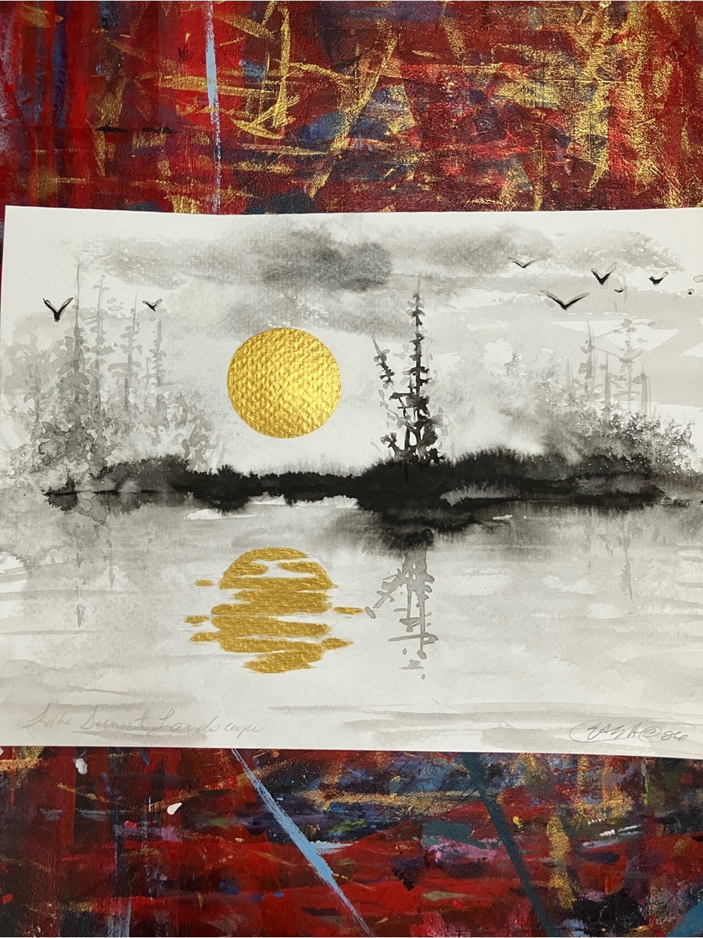 ORIGINAL sunset lake landscape painting bird art sumi-e gold accent artwork USA